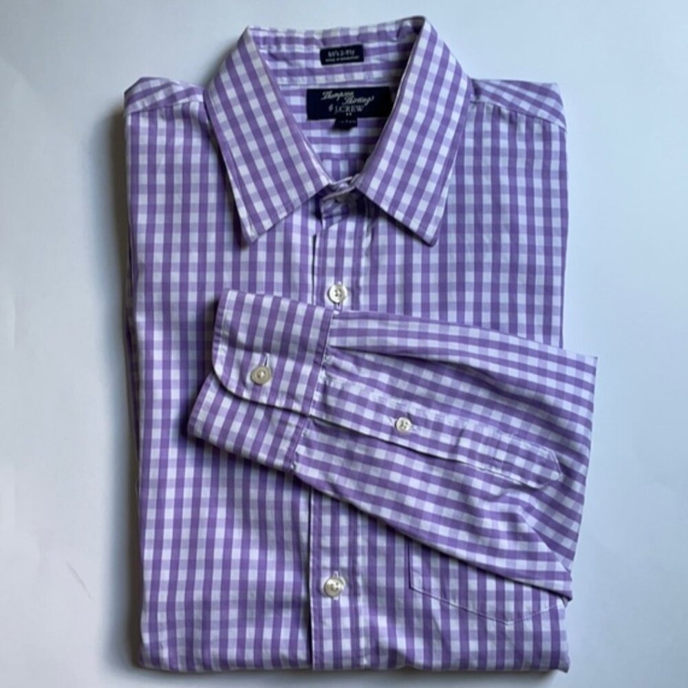 J. Crew Wrinkle Free Button Down Dress Shirt Purple White Check L Large 16-16.5